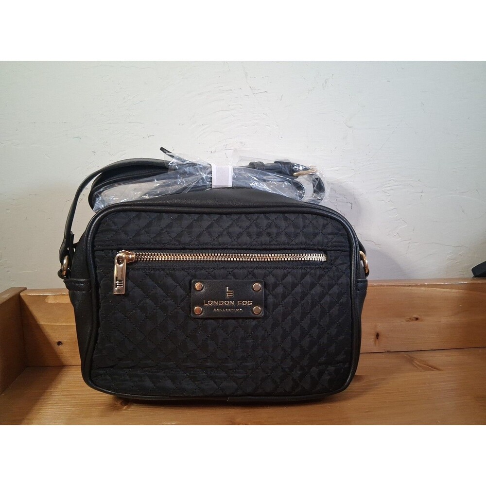 Shoulder Bag London Fog Quilted Black Libby Nylon Faux Leather Purse Crossbody